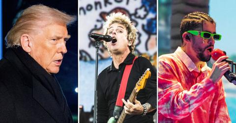 Composite photo of Donald Trump, Billie Joe Armstrong, Green Day, and Bad Bunny
