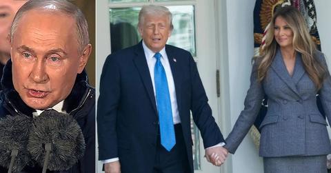 Split photo of Vladimir Putin and Donald and Melania Trump