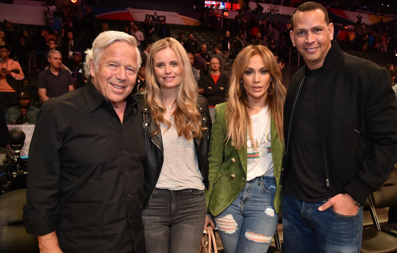 Robert Kraft, Jennifer Lopez and Alex Rodriguez attend the 2018 State Farm All-Star Saturday Night at Staples Center on February 17, 2018 in Los Angeles, California.