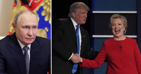 Split photo of Vladimir Putin, Donald Trump and Hillary Clinton