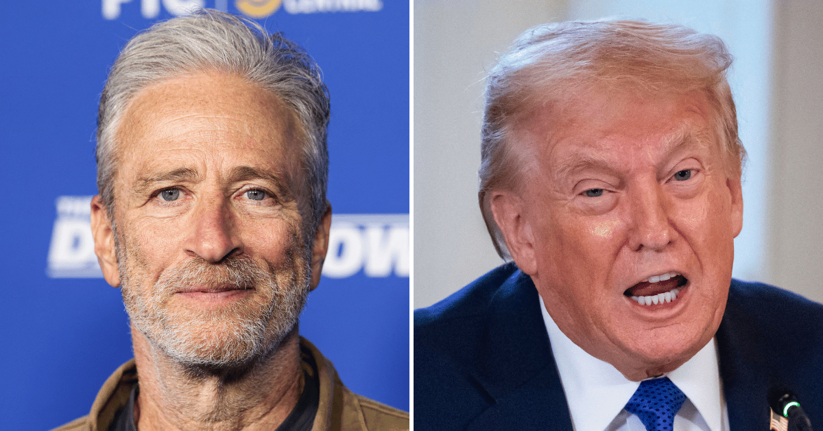 Split photo of Jon Stewart, Donald Trump