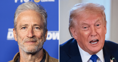 Split photo of Jon Stewart, Donald Trump