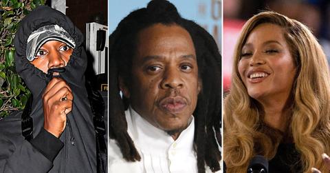 Split photo of Kanye West, Jay-Z and Beyoncé.