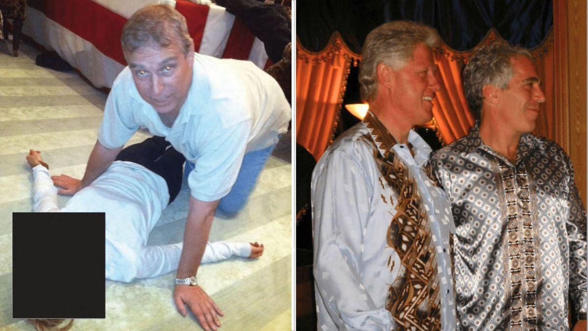 Split photo of Andrew Windsor, Bill Clinton and Jeffrey Epstein