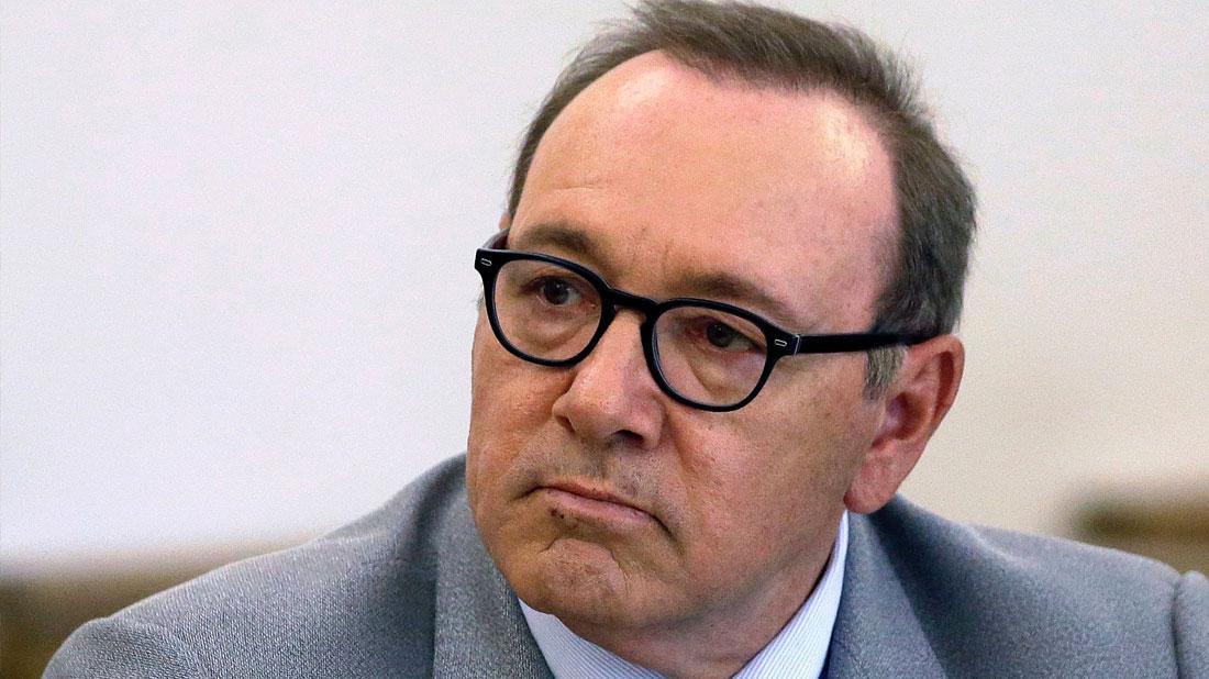 Serious Kevin Spacey Wearing Glasses Blue and White Striped Shirt, Blue Gray Balzer