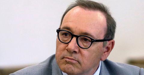Serious Kevin Spacey Wearing Glasses Blue and White Striped Shirt, Blue Gray Balzer