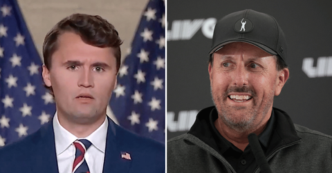 Split photo of Charlie Kirk, Phil Mickelson