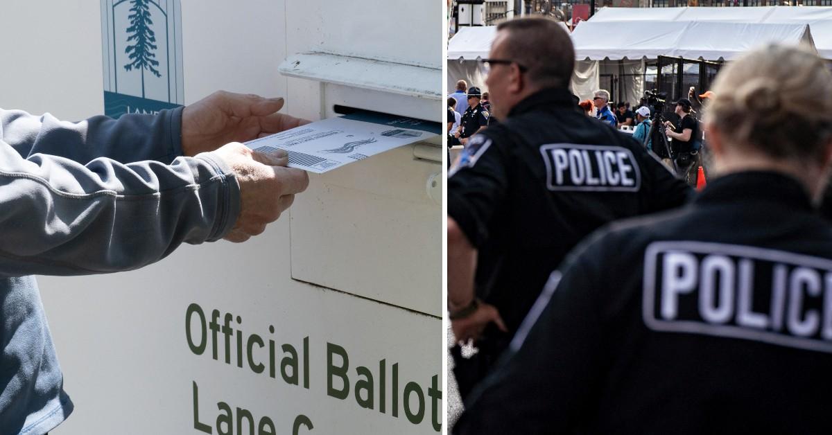 Composite photo of ballot box, law enforcement officers.