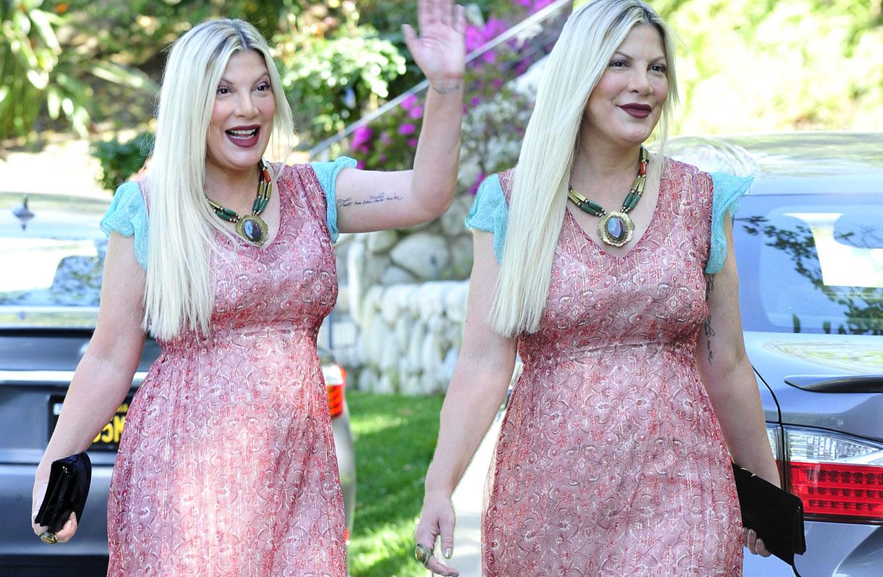 Tori Spelling Wears Pink Dress After Baby 'Stabbing' Drama