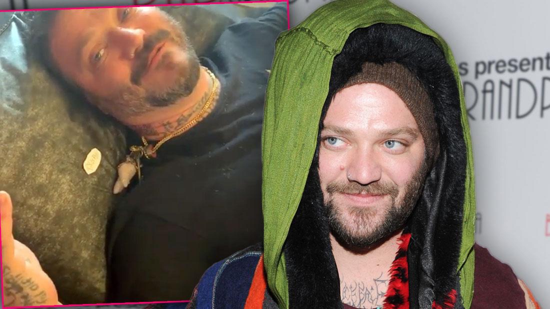 Inset of Bam Margera Laying On His Back Wearing Black T-Shirt,Bam in 2013 Wearing Hat , Green scarf and Multi Colored Jacket and Hoody