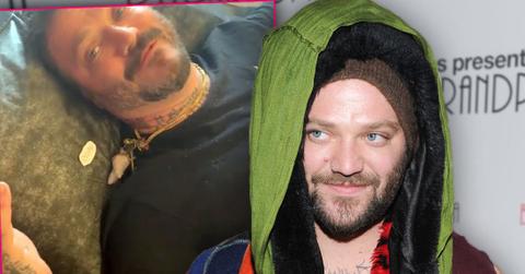 Inset of Bam Margera Laying On His Back Wearing Black T-Shirt,Bam in 2013 Wearing Hat , Green scarf and Multi Colored Jacket and Hoody