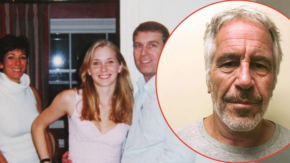 A photo of Ghislaine Maxwell, Virginia Giuffre, and Prince Andrew alongside a photo of Jeffrey Epstein