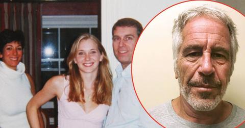 A photo of Ghislaine Maxwell, Virginia Giuffre, and Prince Andrew alongside a photo of Jeffrey Epstein