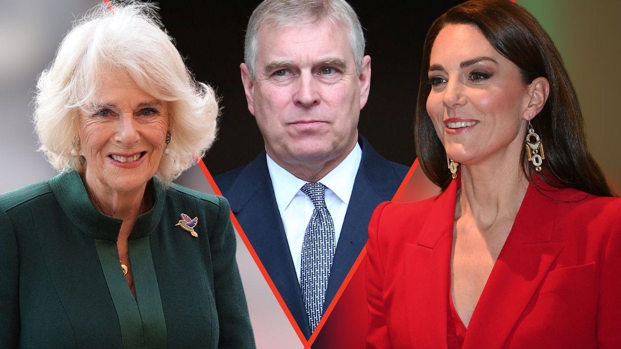 Split photos of Queen Camiila, Andrew Windsor and Princess Catherine