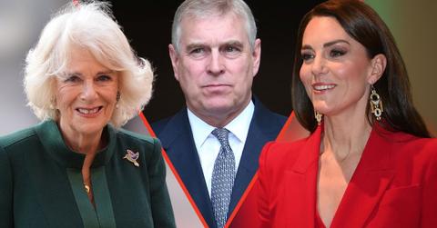 Split photos of Queen Camiila, Andrew Windsor and Princess Catherine