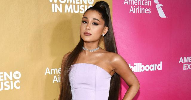 Ariana Grande dazzled in a strapless and sleeveless pinkish/purple dress at a Women in Music event.