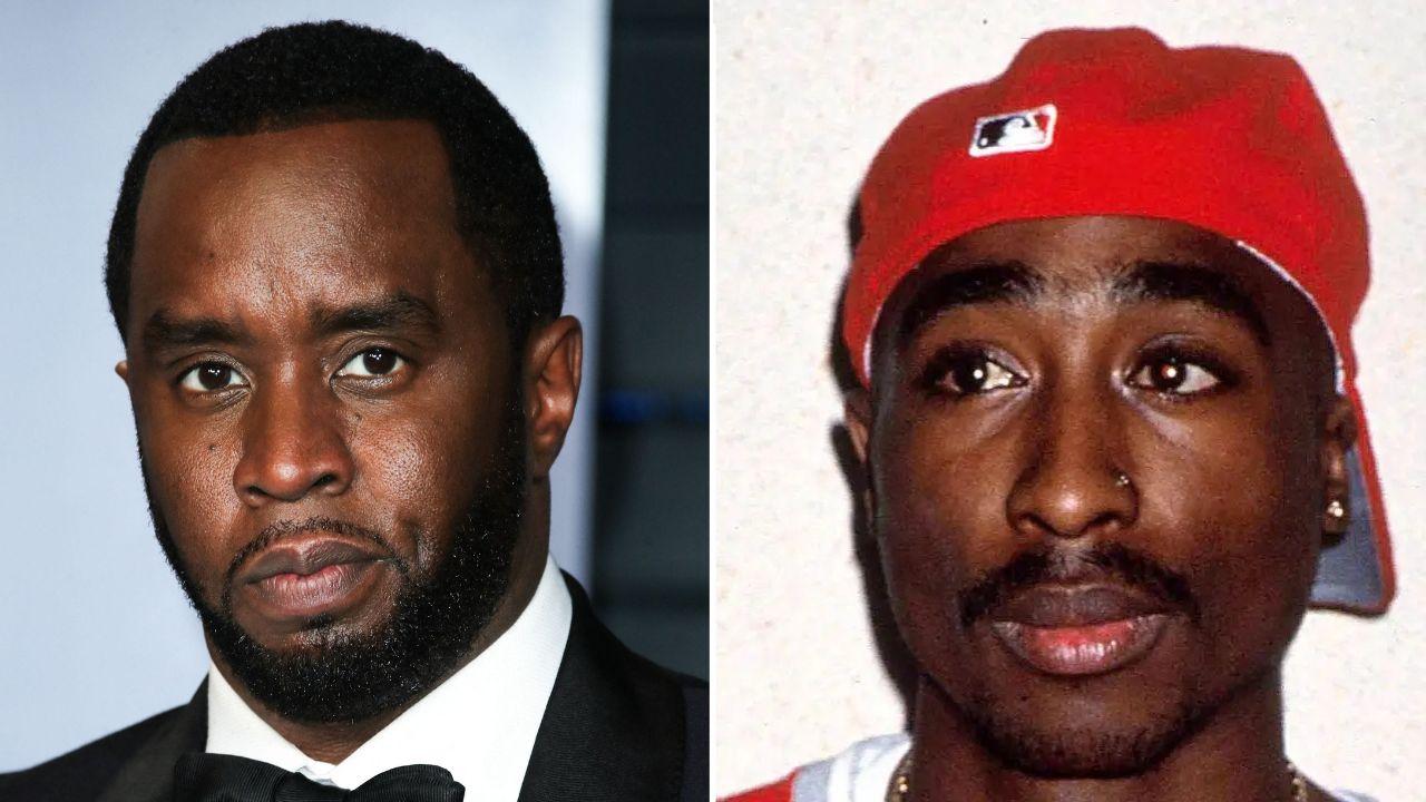 A photo of Sean Combs alongside a photo Tupac Shakur
