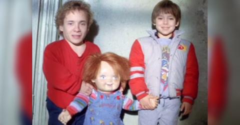 Photo of Ed Gale with Chucky doll and Alex Vincent