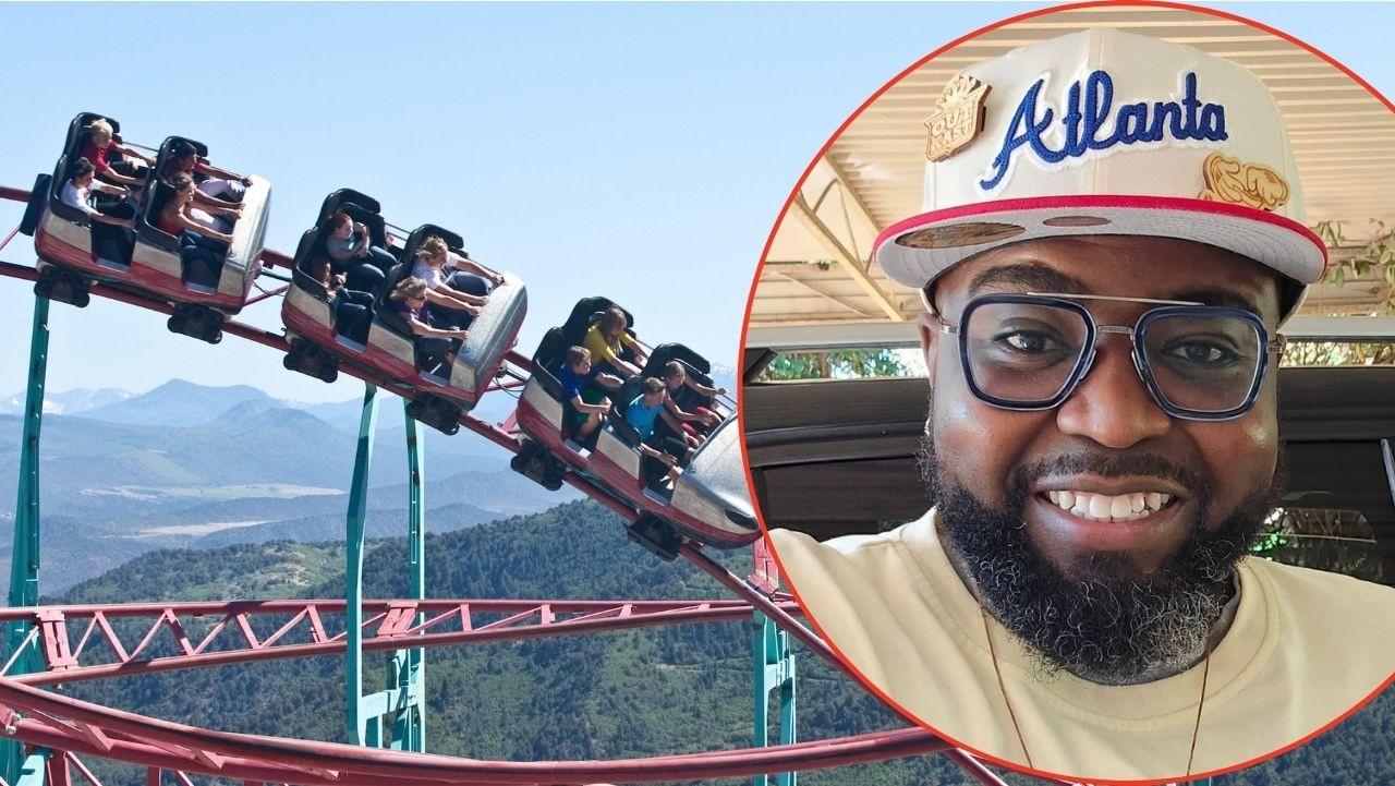 Split photo of roller coaster and Hassan Jihad Ibn Kariem