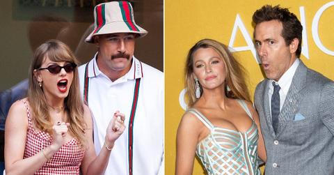 Split photo of Taylor Swift and Travis Kelce, Blake Lively and Ryan Reynolds
