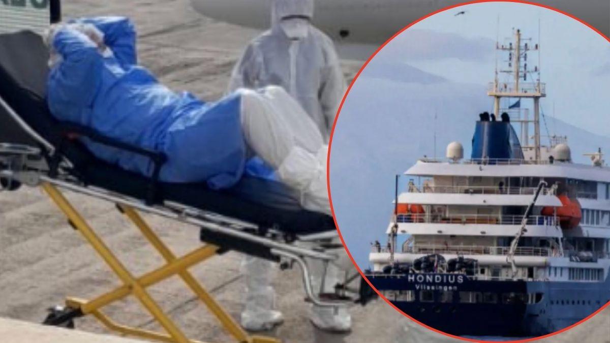 A suspected hantavirus patient was taken off the ship in eerie photos.