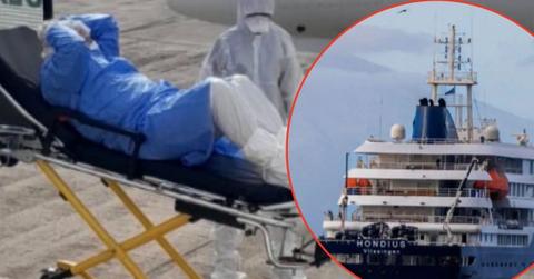 A suspected hantavirus patient was taken off the ship in eerie photos.
