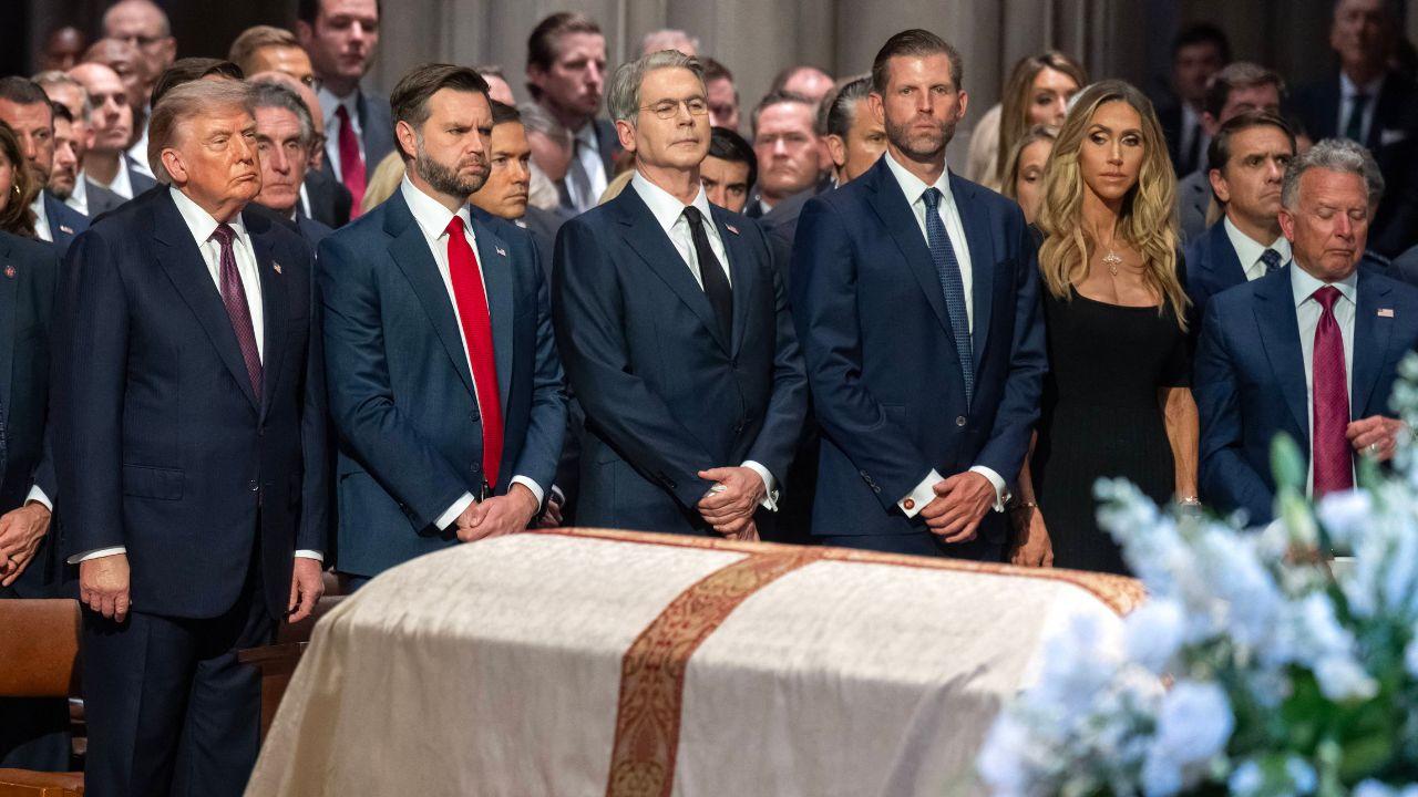 A photo of Donald Trump, JD Vance, Scott Bessent, Eric Trump, Lara Trump, and Steven Witkoff at Lindsey Graham's funeral