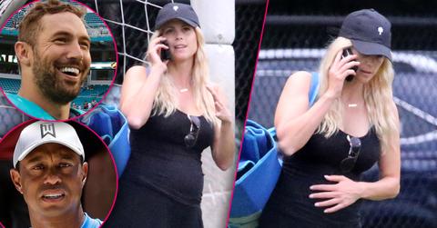 Elin Nordegren Wearing All Black Holding Pregnant Belly And Talking On The Phone at Her Son's Flag Football Game With Insets of Tiger Woods Looking Upset and Jordan Cameron Smiling