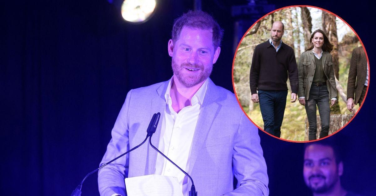 Photo of Prince Harry with insert of Prince William and Kate Middleton
