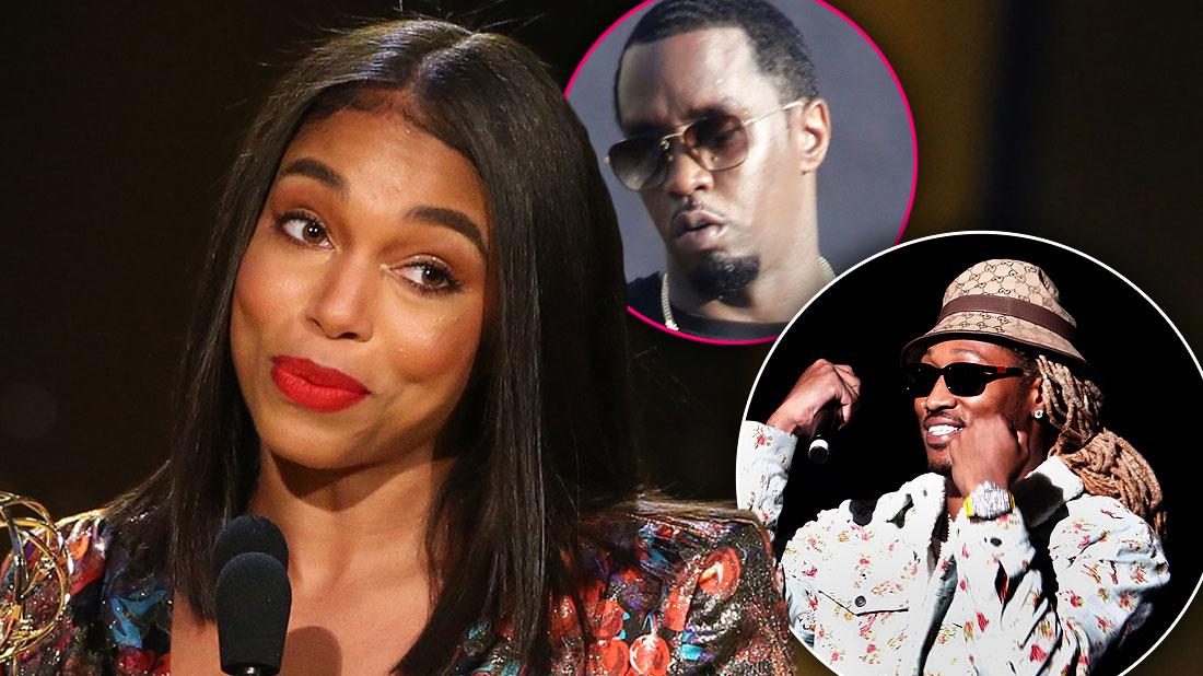 Lori Harvey smirking plus inset of Future looking happy and Diddy looking serious