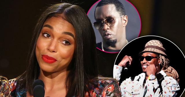 Lori Harvey smirking plus inset of Future looking happy and Diddy looking serious