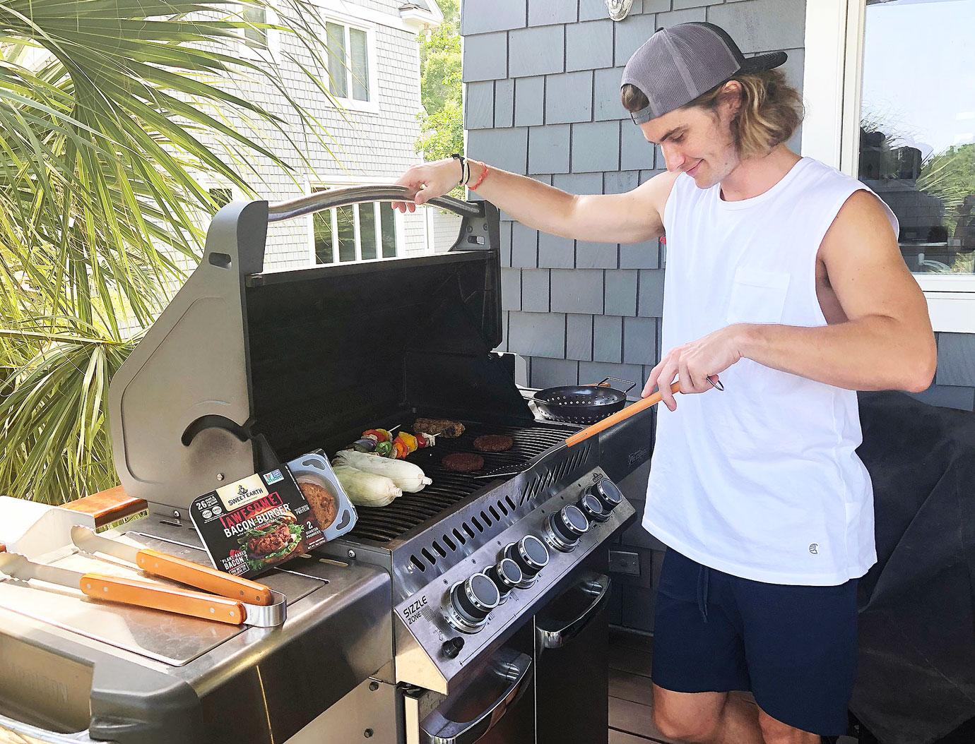 Chase Stokes enjoyed plant-based Sweet Earth Awesome Burgers and Mindful Chik'n