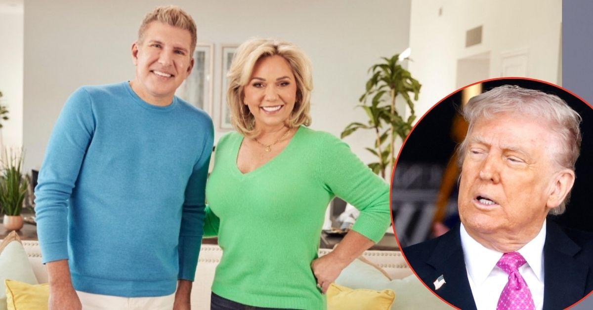 Split photo of Donald Trump, Todd and Julie Chrisley
