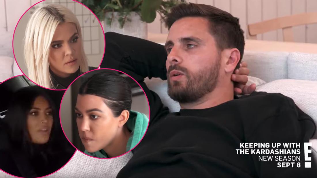 Main Image, Scott Disick wearing a black shirt. Inset, Khloe Kardashian, Kim Kardashian, and Kourtney Kardashian.