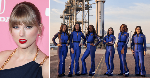 Split photo of Taylor Swift, Blue Origin crew