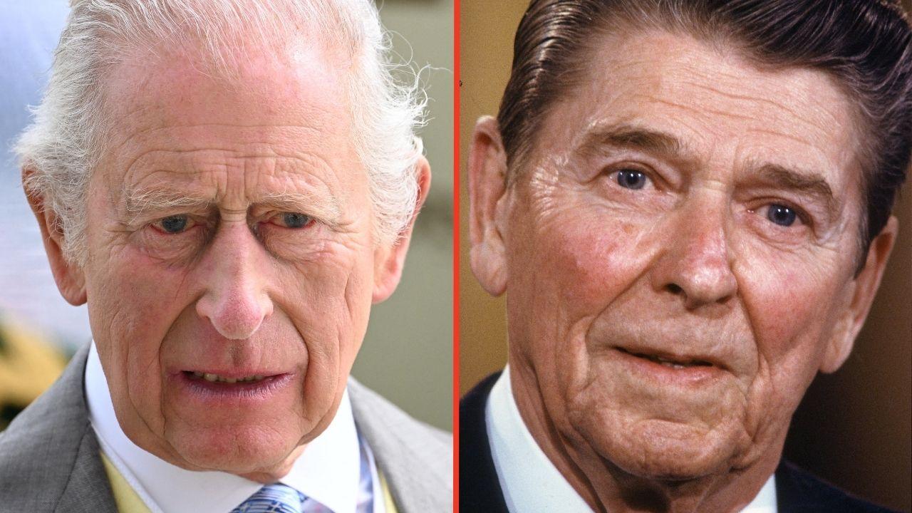 Split photo of King Charles and Ronald Reagan