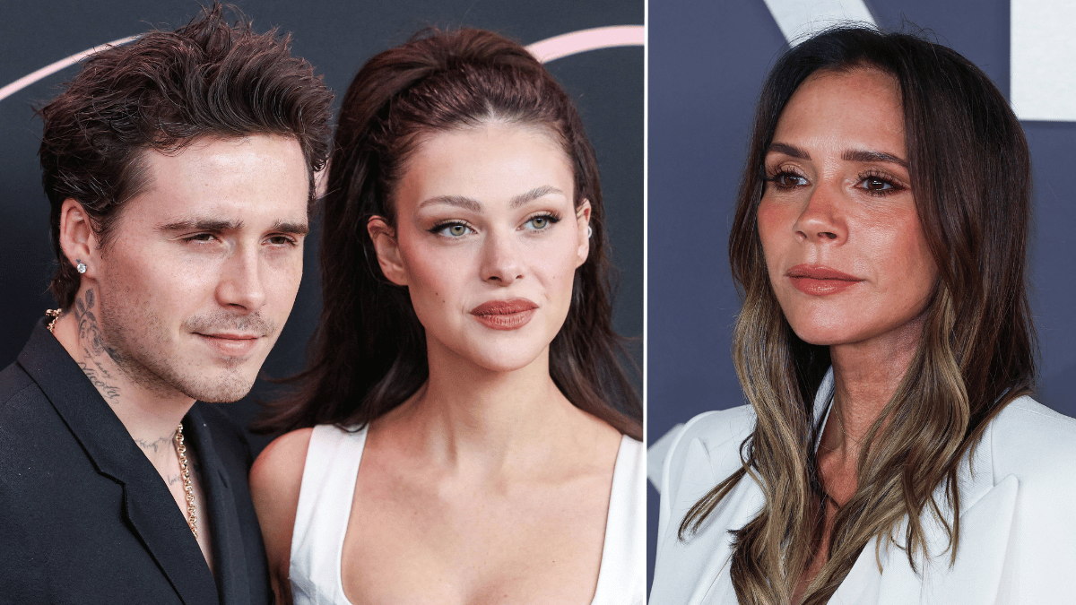 Split photo of Brooklyn Beckham and Nicola Peltz, Victoria Beckham