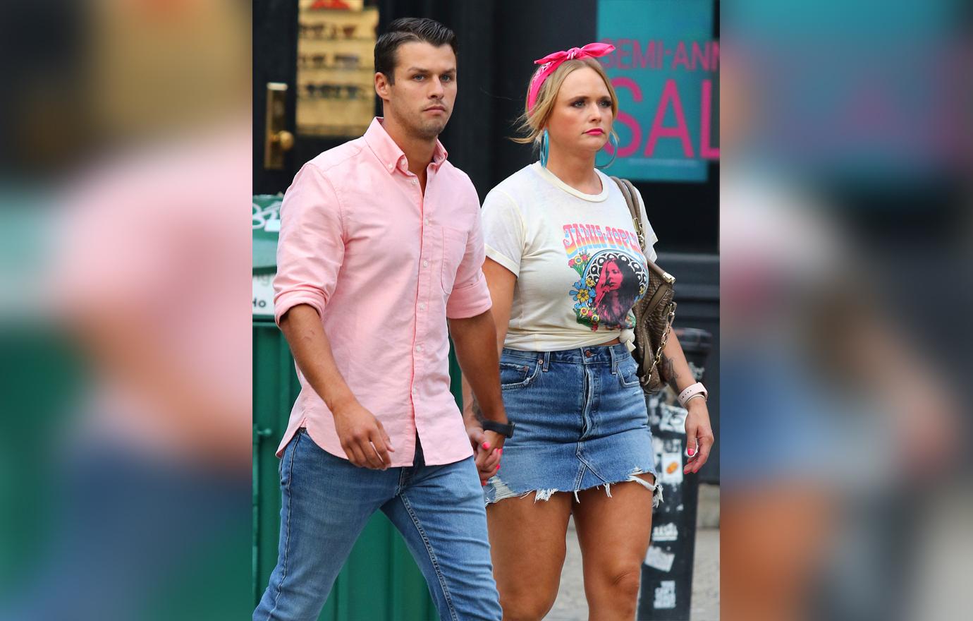 Miranda Lambert and Husband Brendan McLoughlin Seen Walking Holding Hands Outside In Matching Pink and Denim Outfits