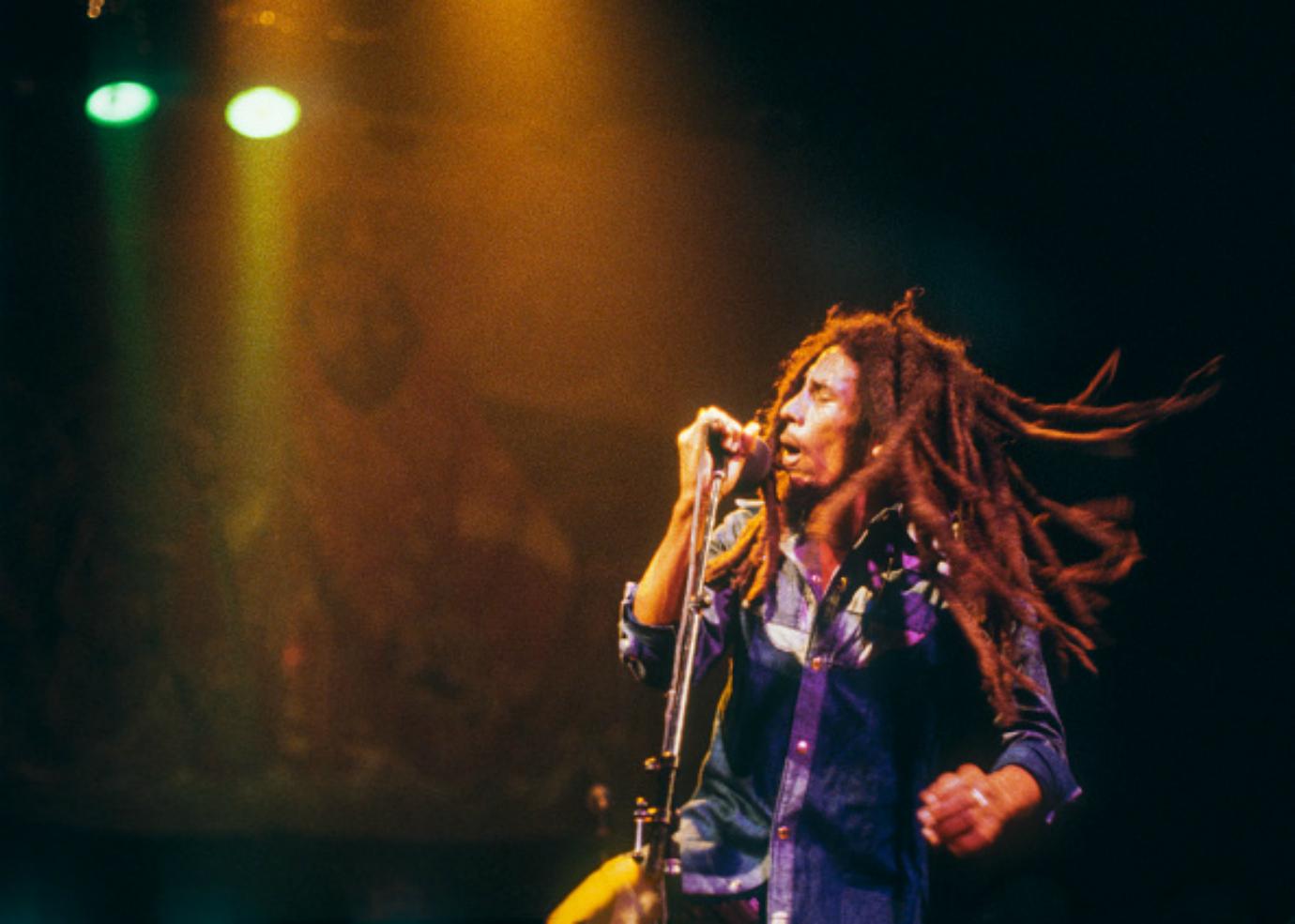 Bob Marley performs on stage.