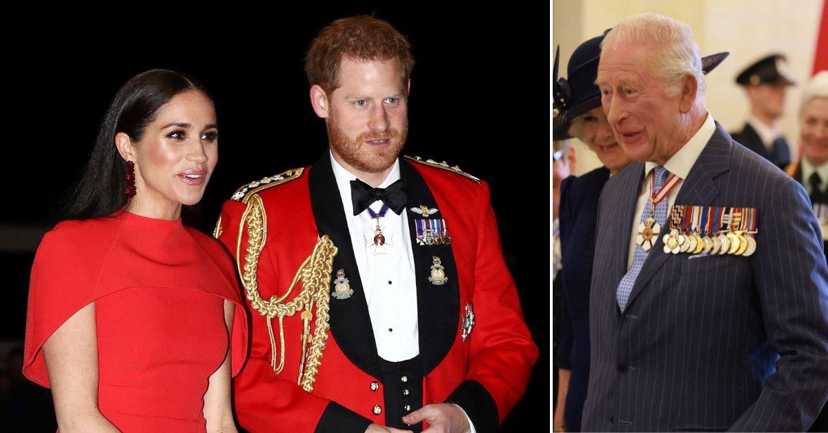 Split photo of King Charles, Prince Harry and Meghan Markle