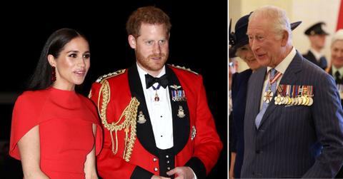 Split photo of King Charles, Prince Harry and Meghan Markle