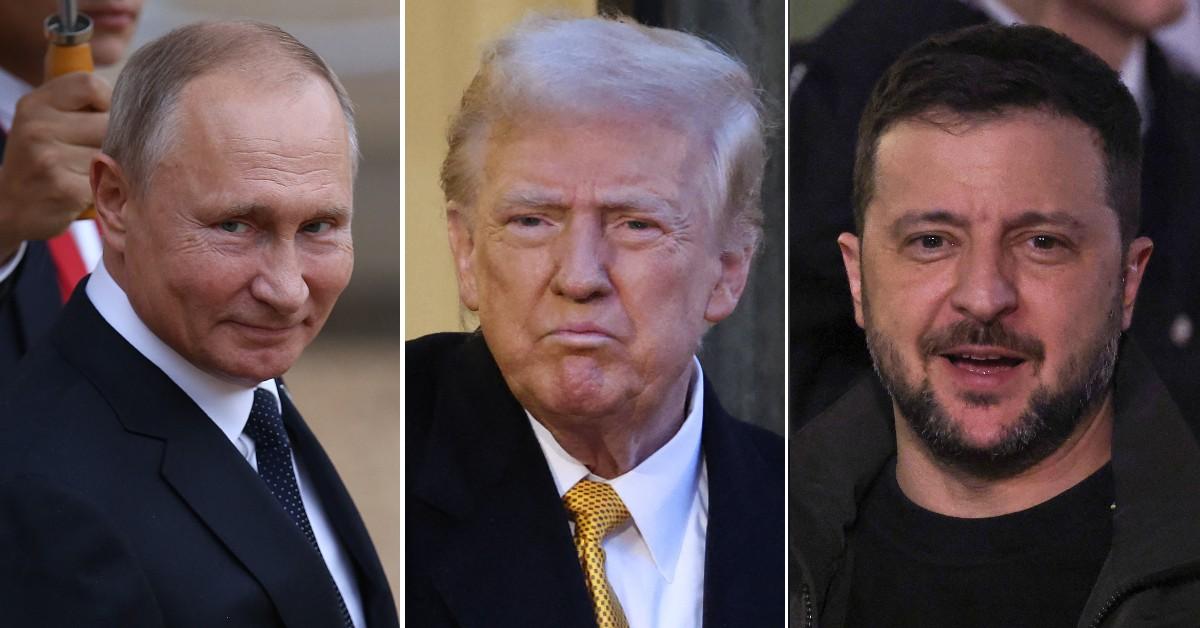 Split image of Vladimir Putin, Donald Trump, Volodymyr Zelensky