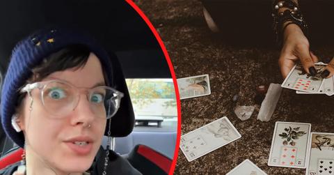 A photo of Beck Ravenswood alongside a photo of tarot