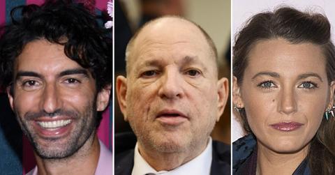 Split photo of Justin Baldoni, Harvey Weinstein, and Blake Lively.
