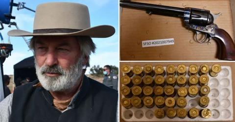 Split photo of Alec Baldwin and 'Rust' props.