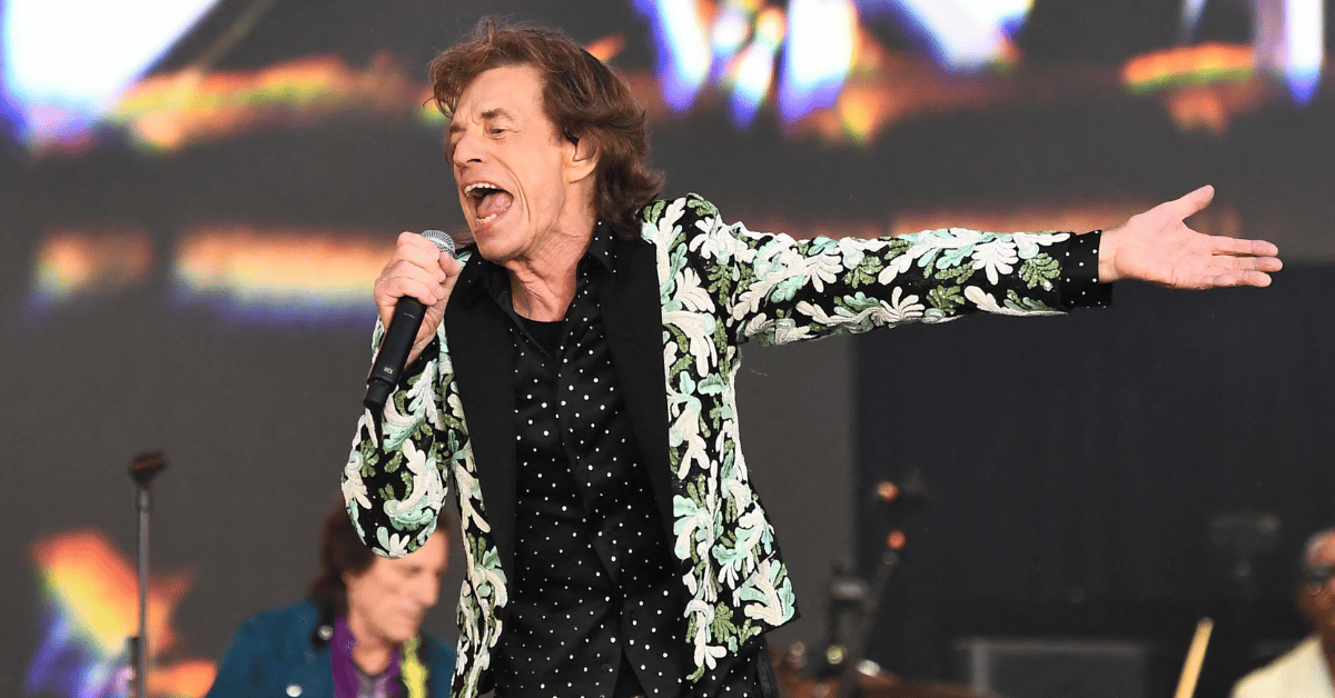 Photo of Mick Jagger singing. 