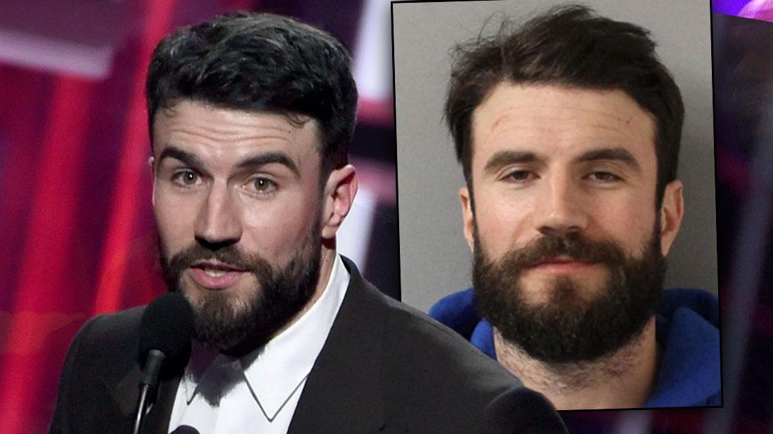 Country Singer Sam Hunt Looking Surprised at Microphone, INSET Sam Hunt Mugshot for DUI Arrest