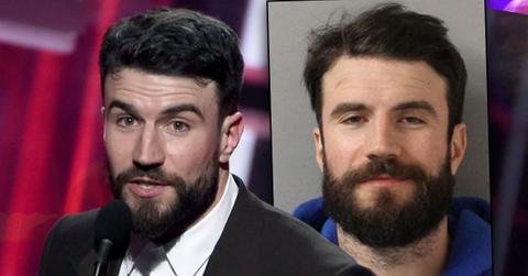 Country Singer Sam Hunt Looking Surprised at Microphone, INSET Sam Hunt Mugshot for DUI Arrest
