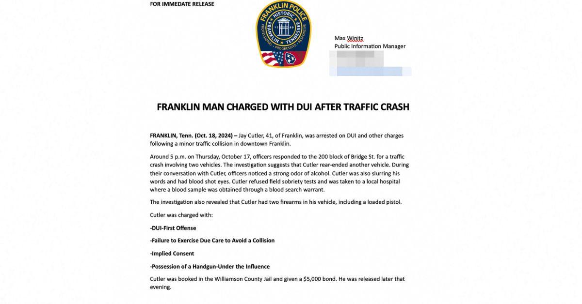 Jay Cutler Arrested For DUI And Gun Possession — Tried to Flee Scene