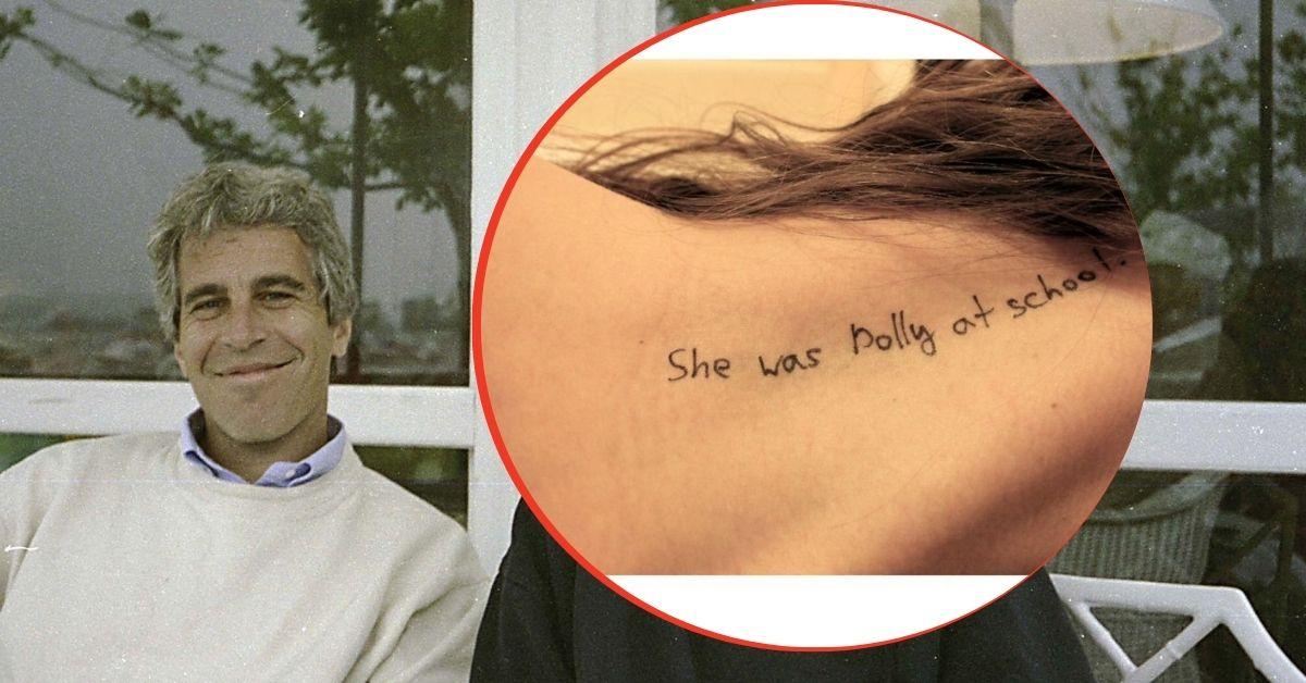 Composite photo of Jeffrey Epstein and woman's body with 'Lolita' inscription